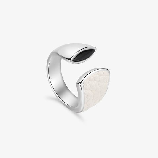 TIKOO original sculptural open ring with black onyx and white leather inlay on white background.