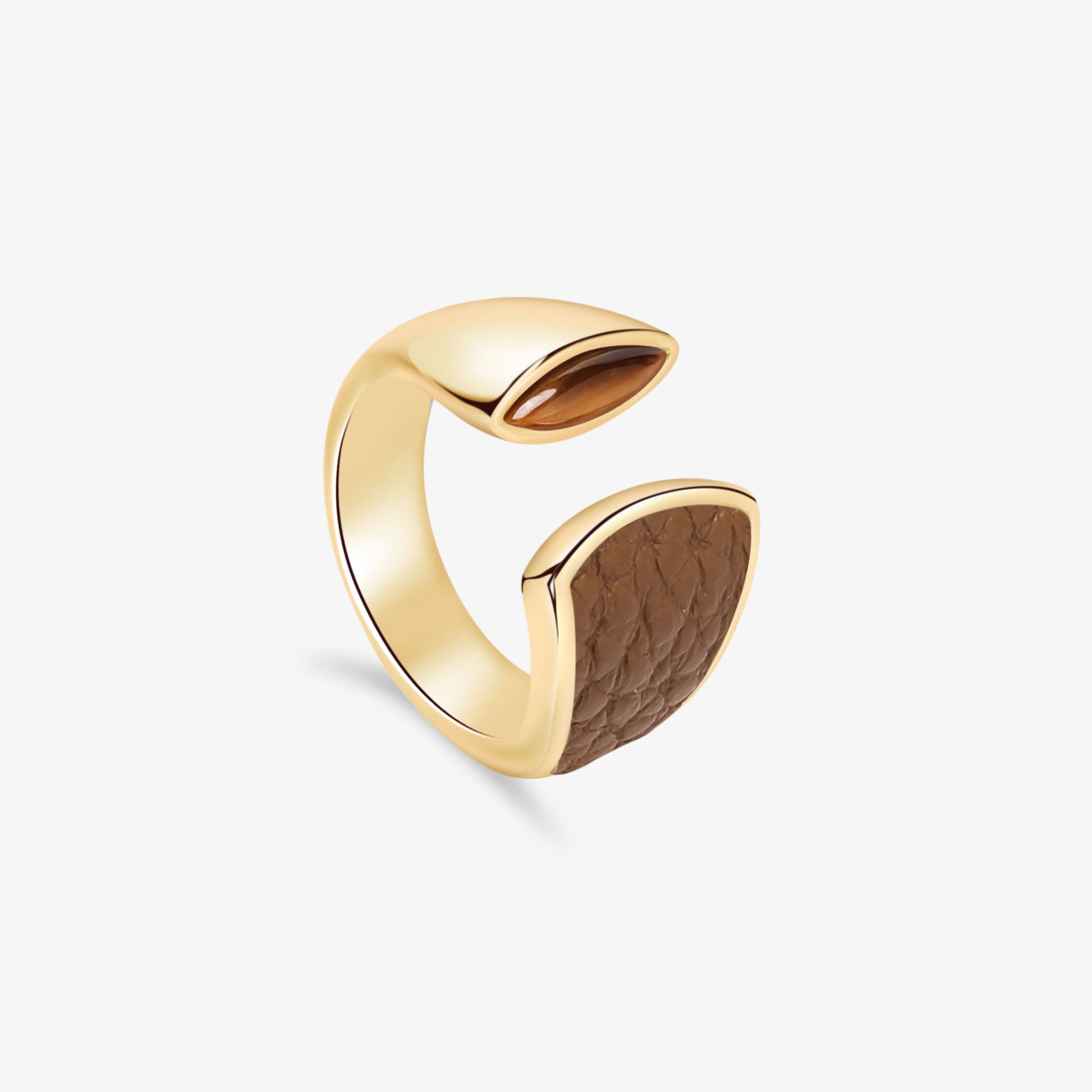 TIKOO original sculptural open ring with natural tiger's eye and brown leather inlay, 18K gold plated.