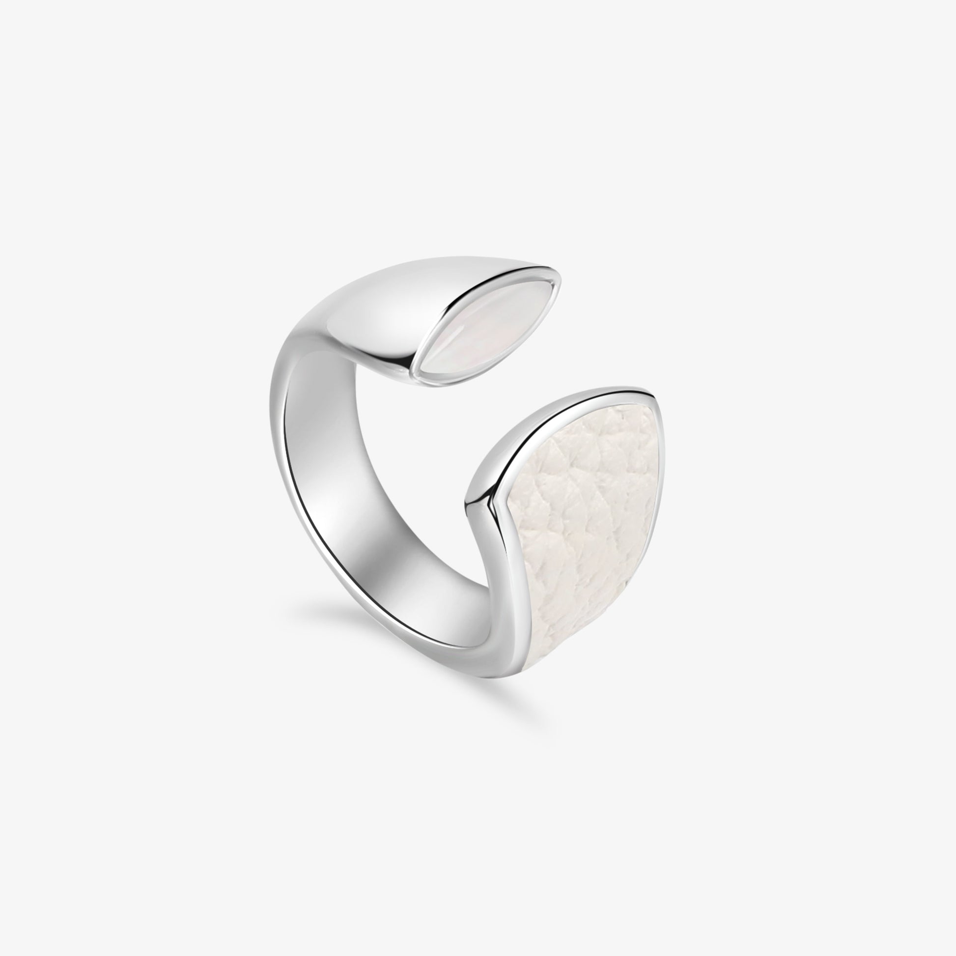 TIKOO brand original design open ring featuring white tiger's eye gemstone and white leather inlay in platinum plated copper.