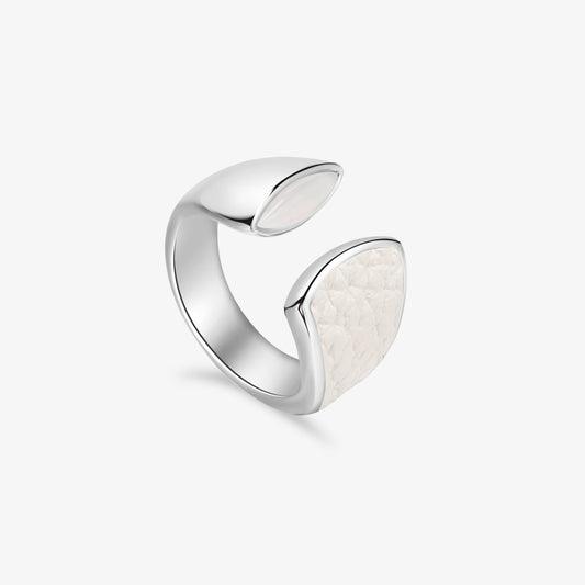 TIKOO brand original design open ring featuring white tiger's eye gemstone and white leather inlay in platinum plated copper.