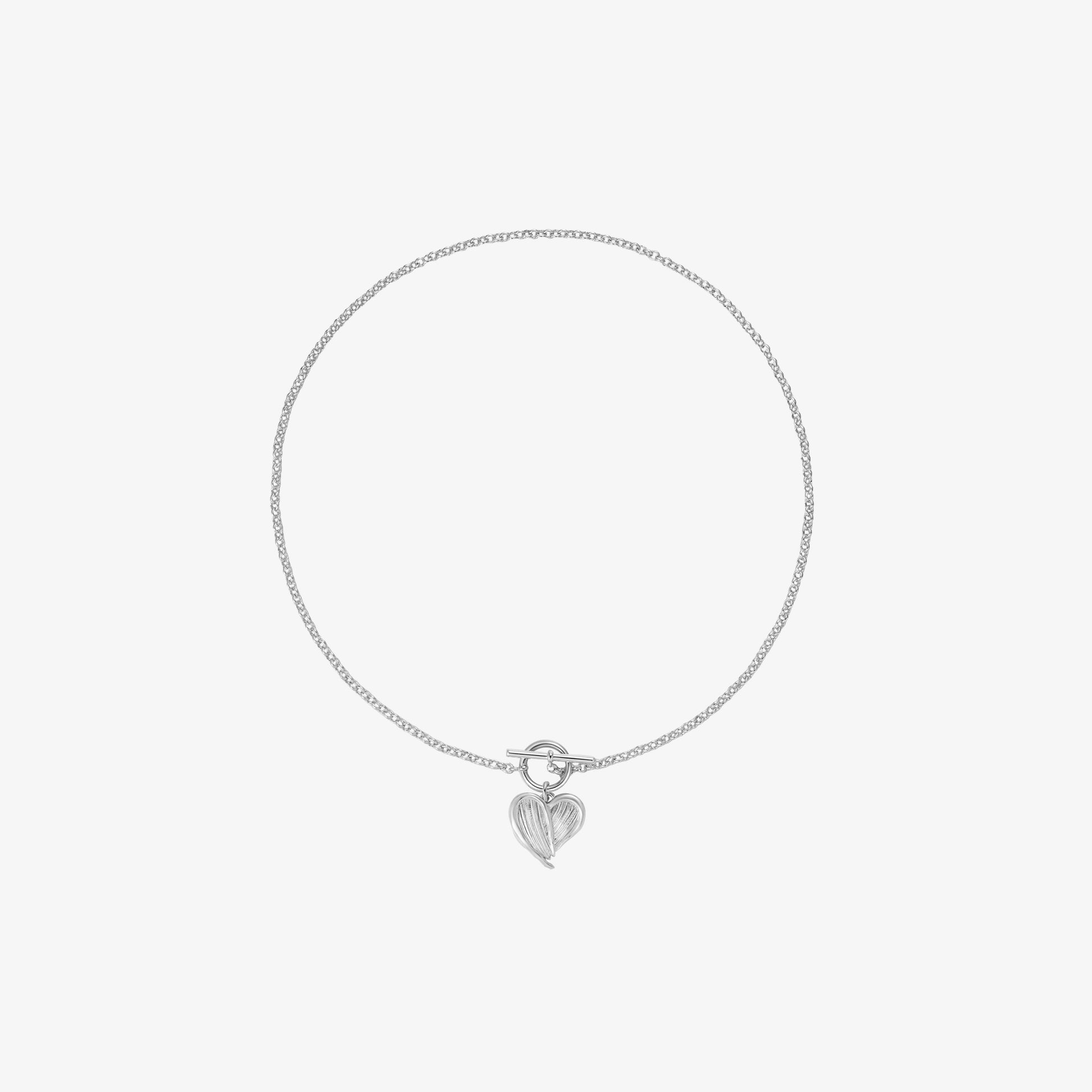 TIKOO original textured heart feather pendant necklace with toggle clasp in white gold plating, product front view.