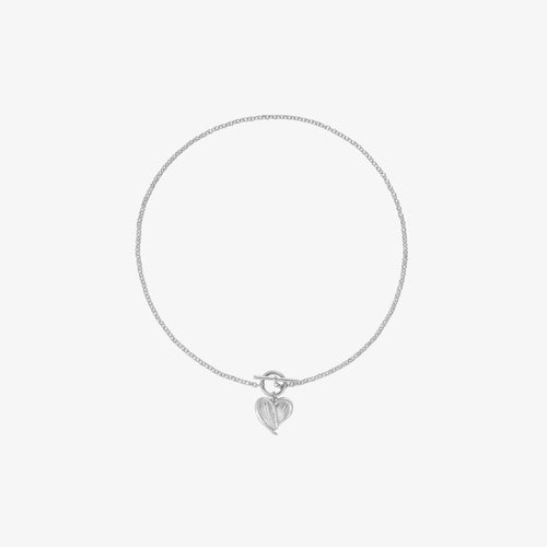 TIKOO original textured heart feather pendant necklace with toggle clasp in white gold plating, product front view.