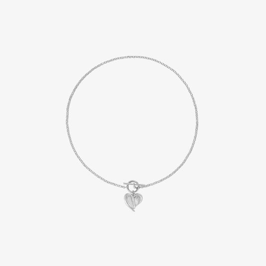 TIKOO original textured heart feather pendant necklace with toggle clasp in white gold plating, product front view.