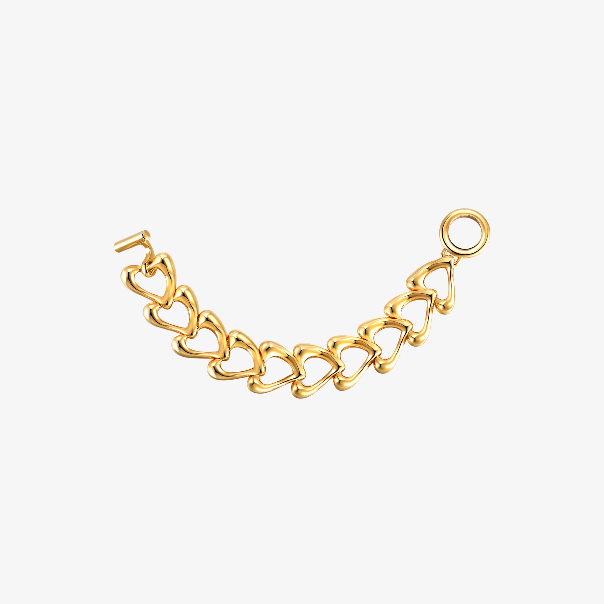 TIKOO original design 18K gold plated heart link bracelet with OT toggle clasp on a white background.