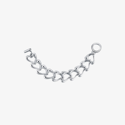 TIKOO original design sculptural heart link bracelet with OT toggle clasp and thick platinum plating on white background.