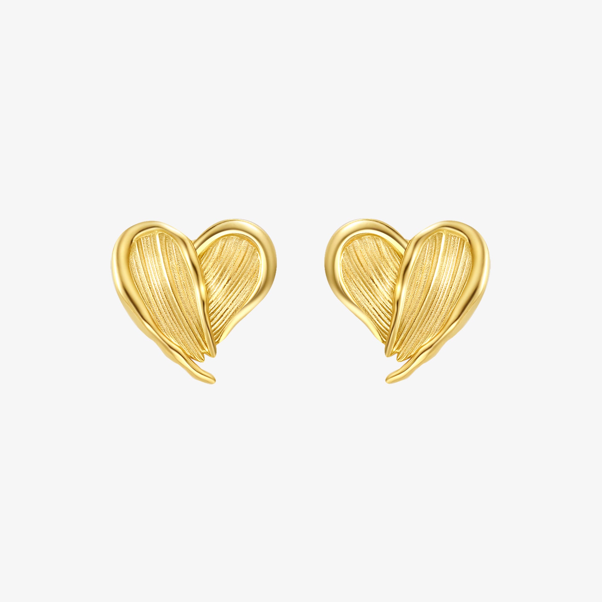 TIKOO original design heart stud earrings with pleated texture in heavy 18K gold plating.