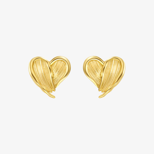 TIKOO original design heart stud earrings with pleated texture in heavy 18K gold plating.