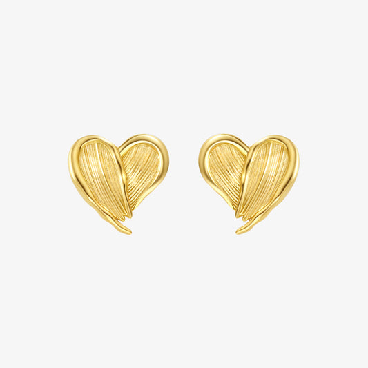 TIKOO original design heart stud earrings with pleated texture in heavy 18K gold plating.