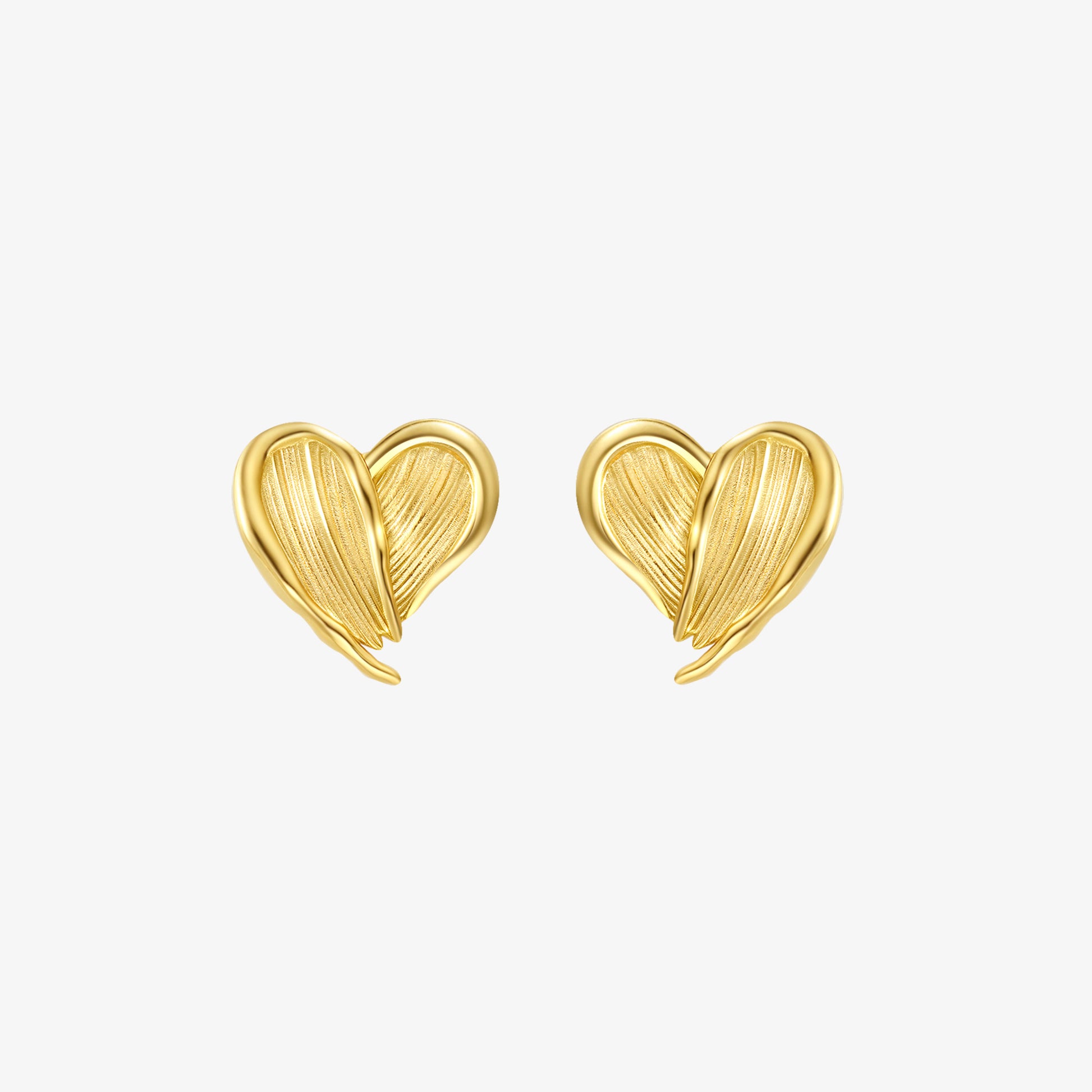 TIKOO original design heart stud earrings with pleated texture in heavy 18K gold plating.