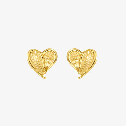 TIKOO original design heart stud earrings with pleated texture in heavy 18K gold plating.