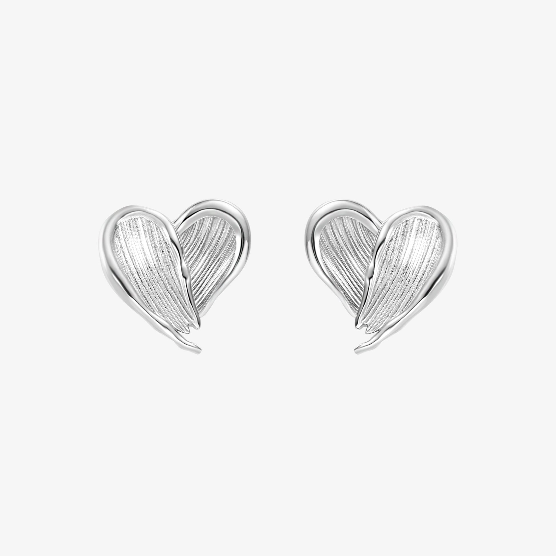 TIKOO original design heart stud earrings with feathered texture in heavy white gold plating.