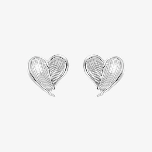 TIKOO original design heart stud earrings with feathered texture in heavy white gold plating.