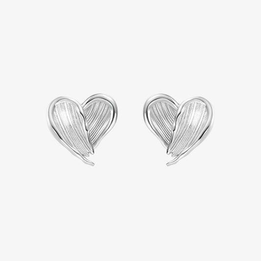 TIKOO original design heart stud earrings with feathered texture in heavy white gold plating.