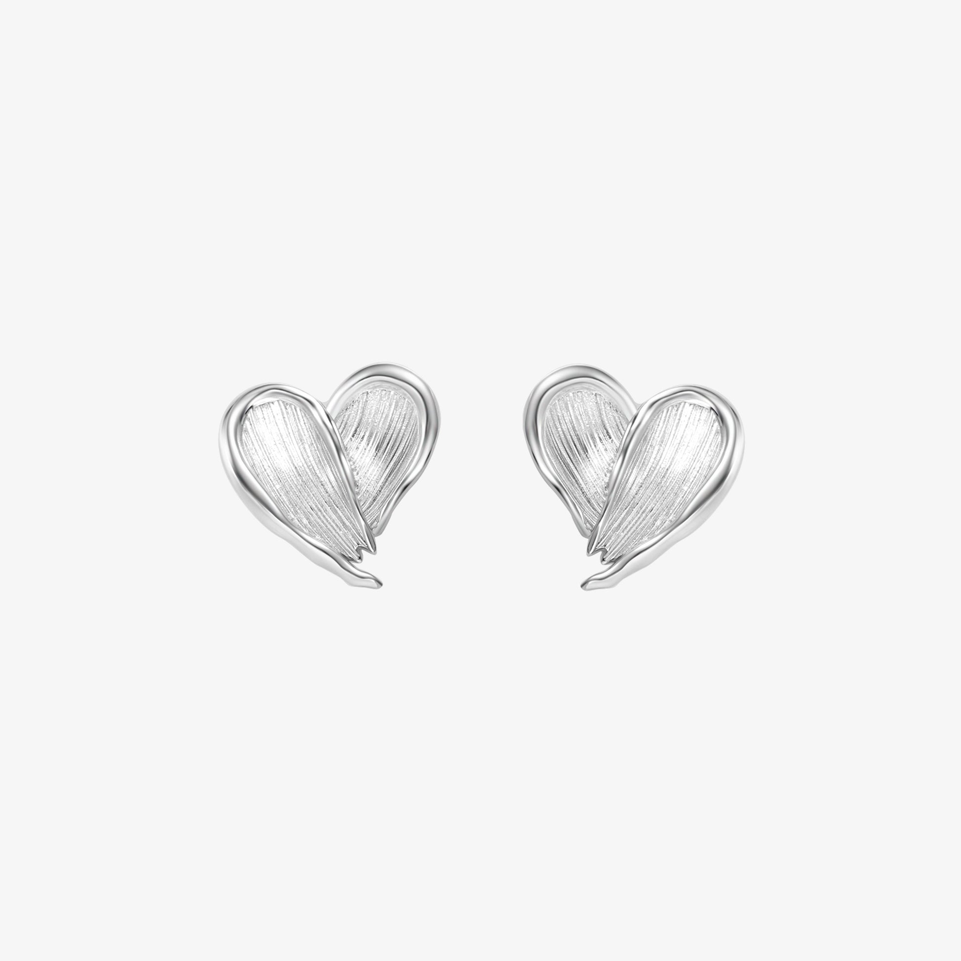 TIKOO original design heart stud earrings with feathered texture in heavy white gold plating.