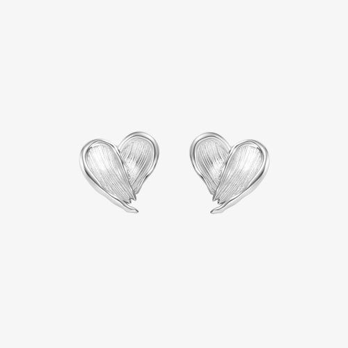 TIKOO original design heart stud earrings with feathered texture in heavy white gold plating.