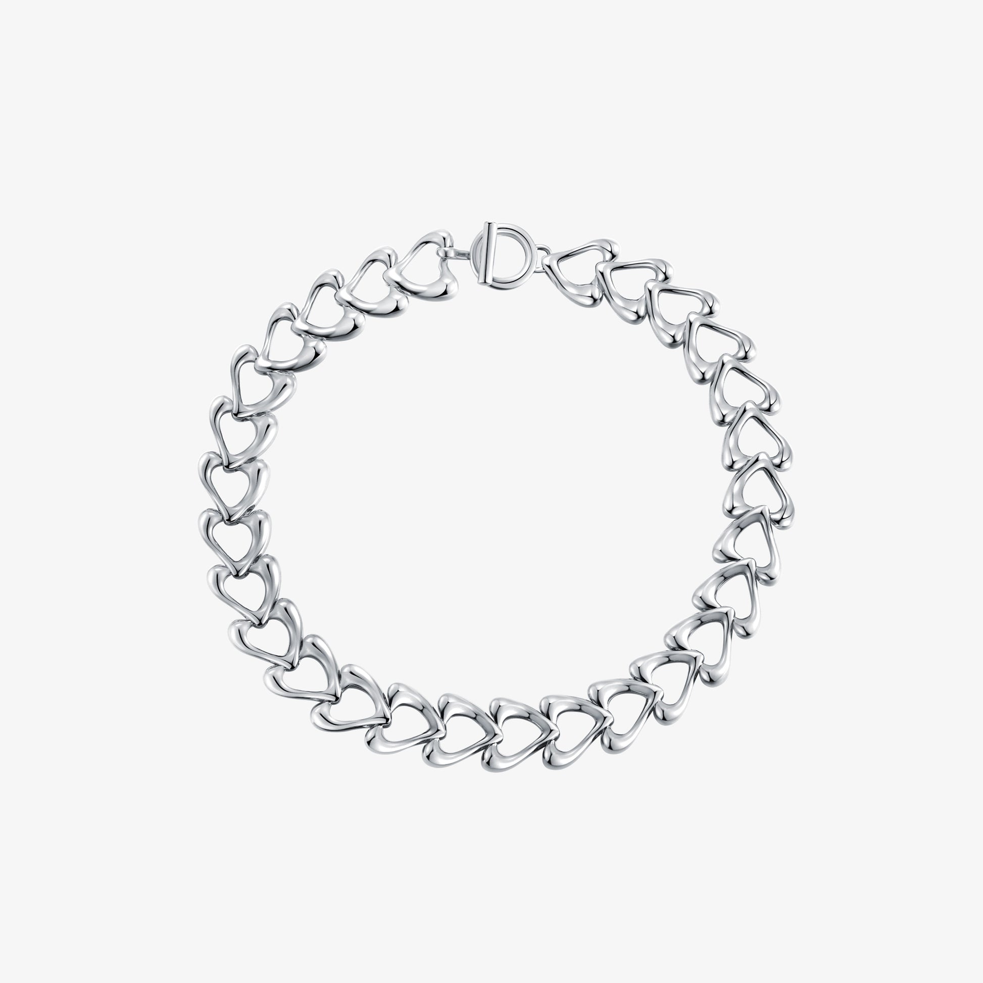 TIKOO original design heart link necklace with thick platinum plating and a front OT toggle clasp on a white background.