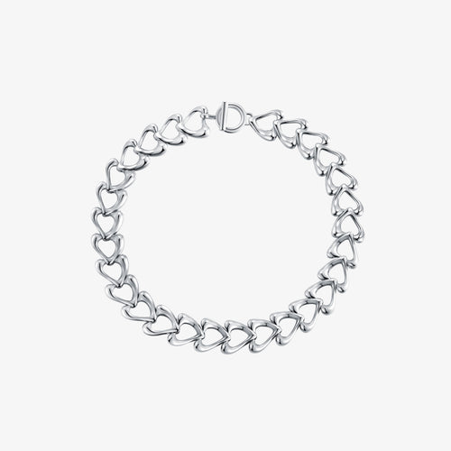 TIKOO original design heart link necklace with thick platinum plating and a front OT toggle clasp on a white background.