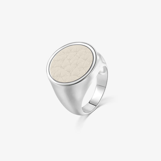 TIKOO original round signet ring featuring cream pebbled top grain leather inlay and thick white gold plating.