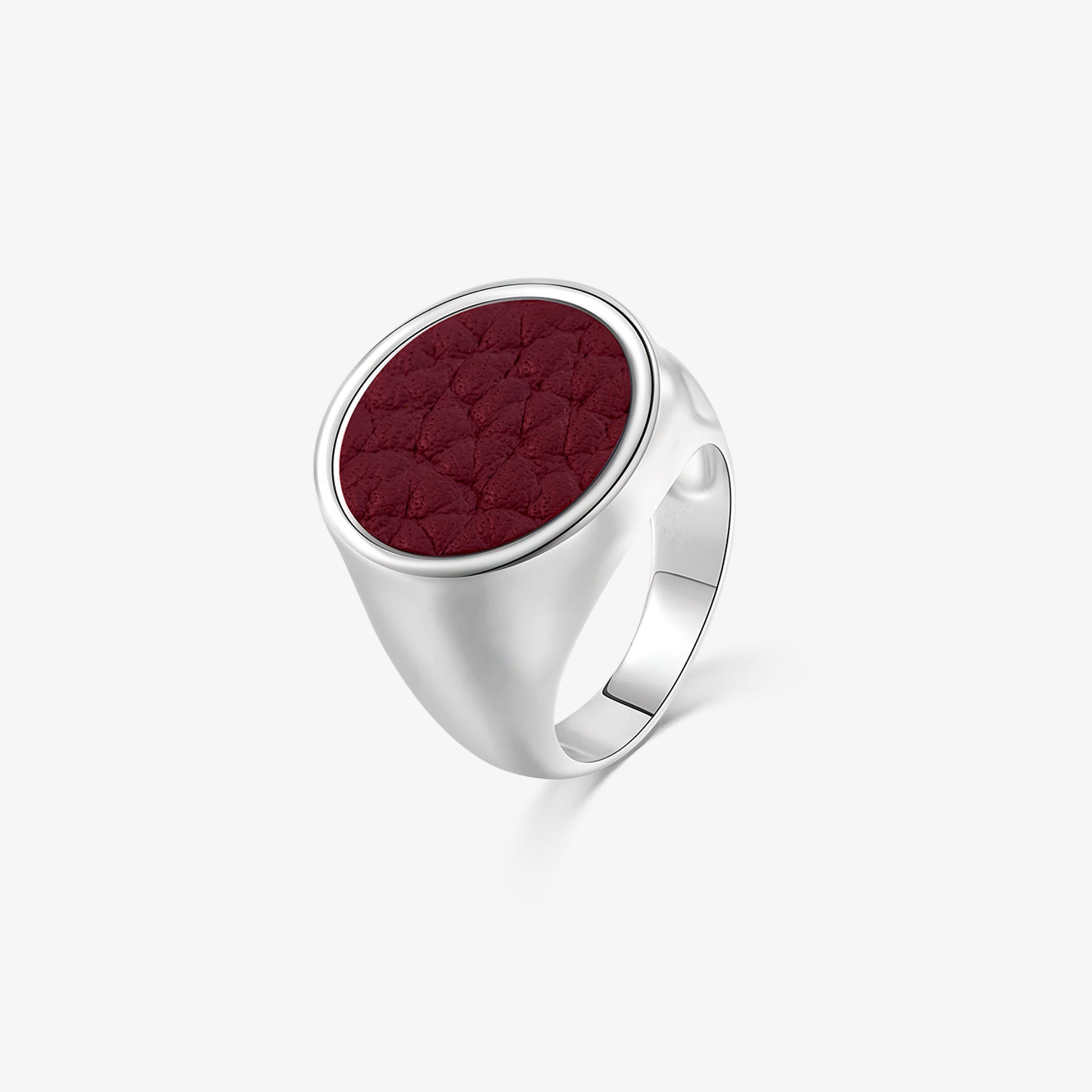 TIKOO original burgundy red pebbled leather inlay signet ring with thick white gold plating and a round face.