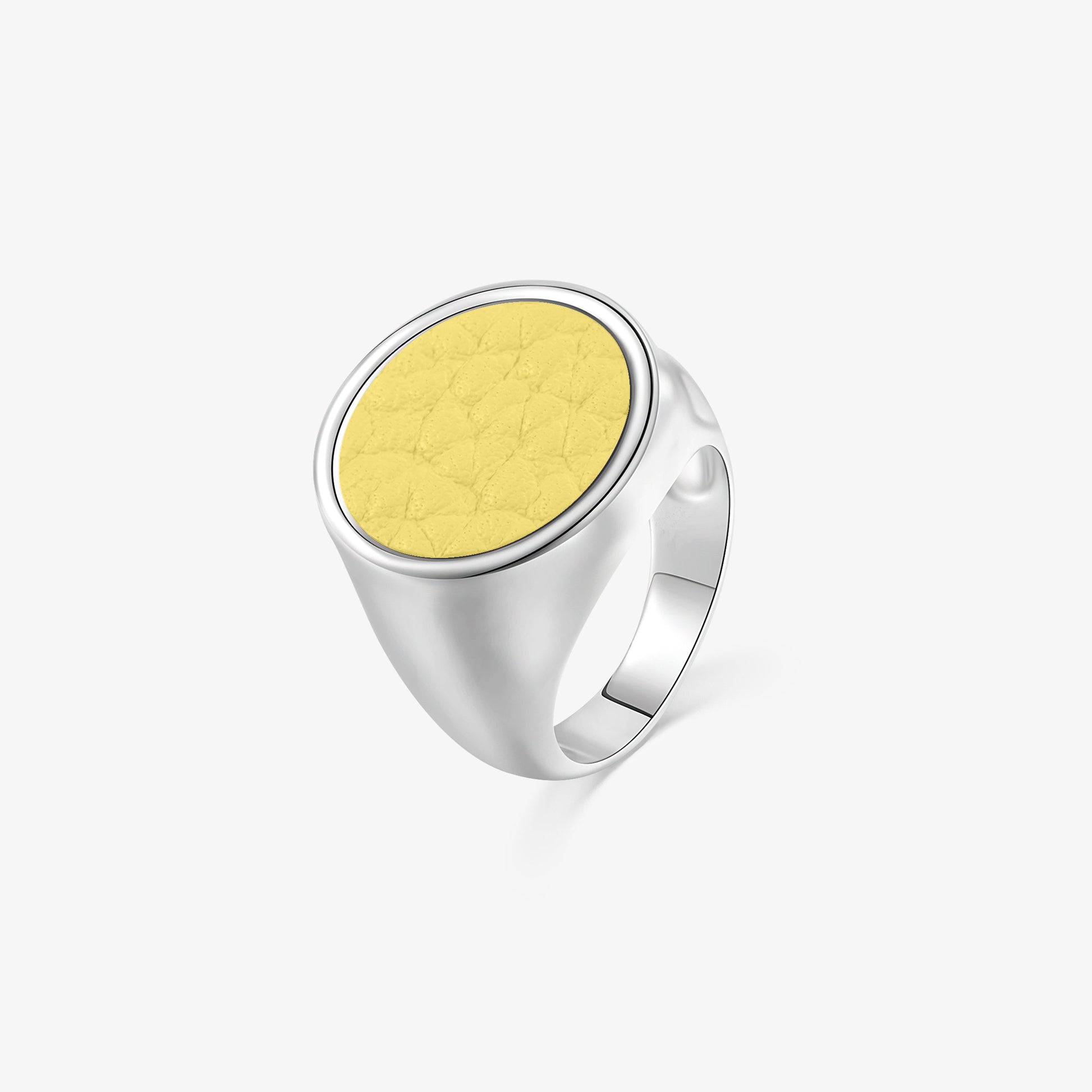 TIKOO original sunshine yellow signet ring with pebbled top grain leather inlay and thick white gold plating.