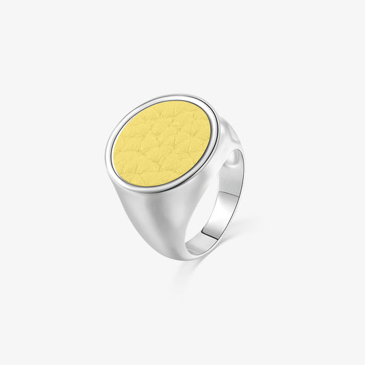 TIKOO original sunshine yellow signet ring with pebbled top grain leather inlay and thick white gold plating.