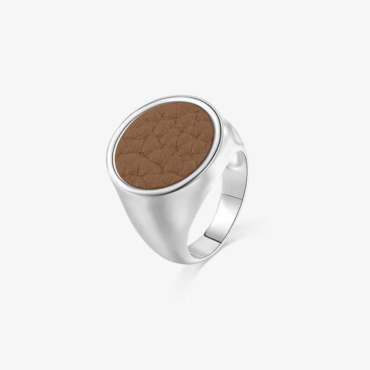 TIKOO original earth brown signet ring with pebbled top grain leather inlay and thick white gold plating.