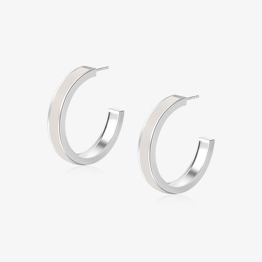 TIKOO original large hoop earrings with white genuine leather inlay and thick white gold plated finish.