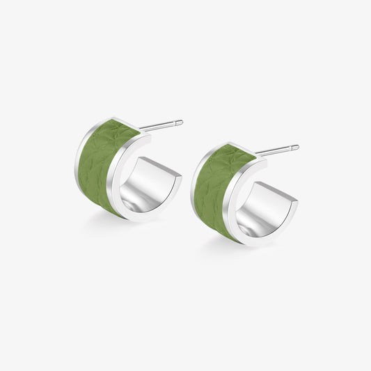 TIKOO original hoop earrings featuring green genuine leather inlay and thick white gold plated eco-copper.