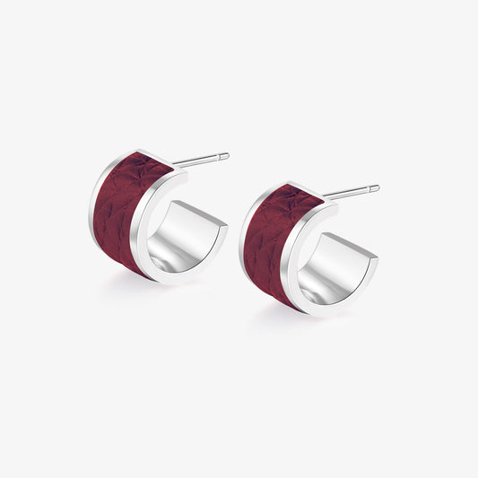 TIKOO original burgundy genuine leather inlay hoop earrings with a polished white gold plated finish on a white background.