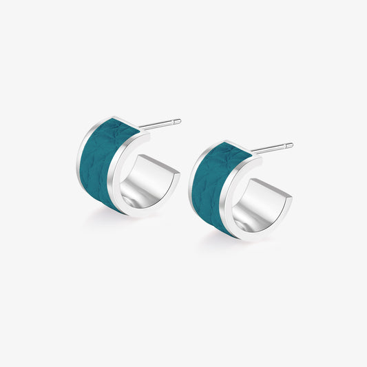 TIKOO original teal blue genuine leather inlay hoop earrings with thick white gold plating on a clean white background.