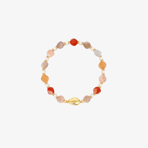 TIKOO brand original design bracelet made of multi-colored natural moonstone beads with a thick 18K gold-plated magnetic clasp on a white background.