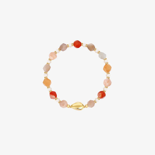 TIKOO brand original design bracelet made of multi-colored natural moonstone beads with a thick 18K gold-plated magnetic clasp on a white background.