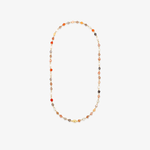 TIKOO original design long necklace featuring natural multi-tone moonstone beads and a gold magnetic clasp on a white background.