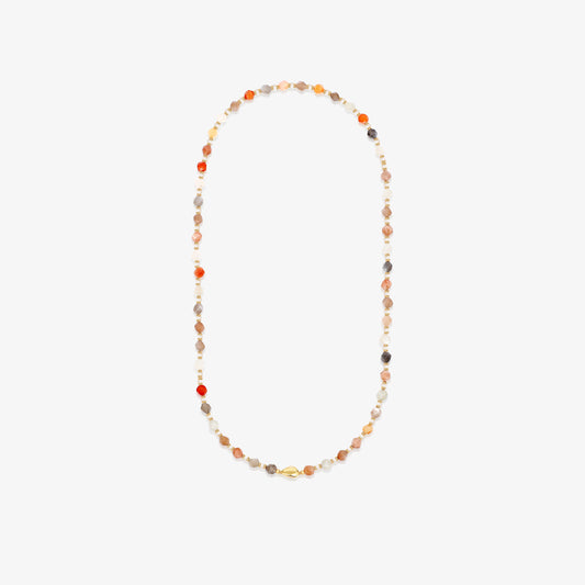 TIKOO original design long necklace featuring natural multi-tone moonstone beads and a gold magnetic clasp on a white background.