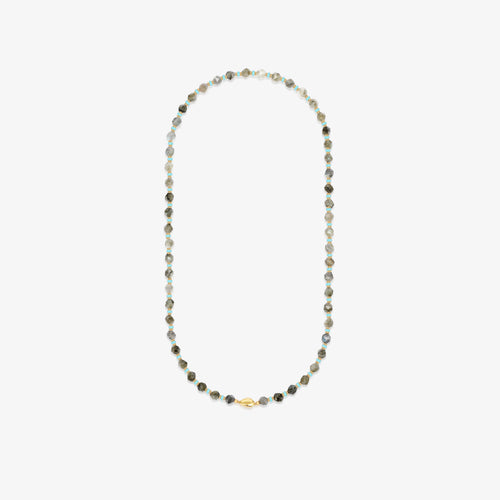 TIKOO brand original long beaded necklace made of natural labradorite and turquoise beads with an 18K gold plated magnetic clasp on a white background.