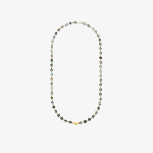 TIKOO brand original long beaded necklace made of natural labradorite and turquoise beads with an 18K gold plated magnetic clasp on a white background.
