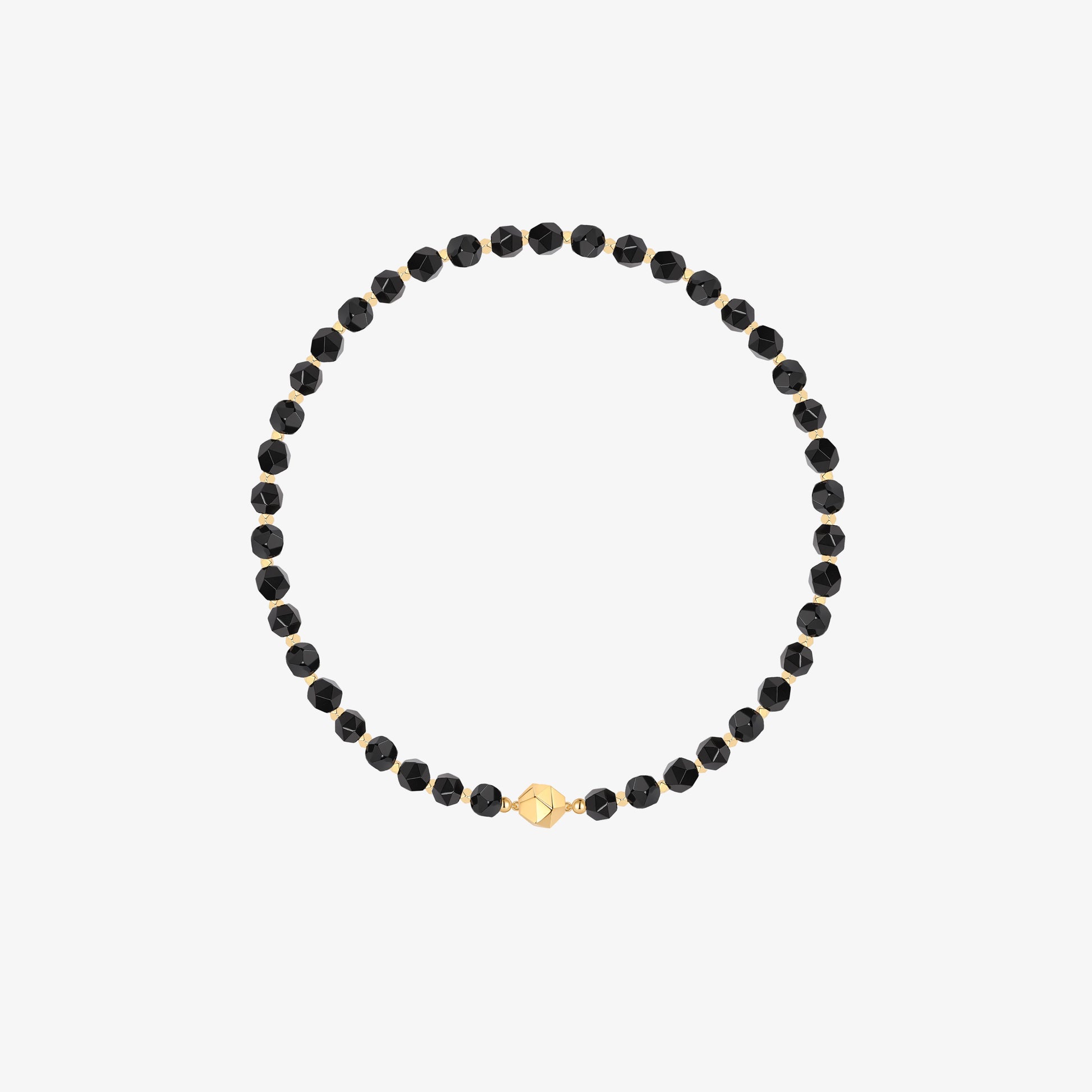 Professional product shot of TIKOO original design black onyx beaded necklace with 18k gold plated geometric accents on a white background.