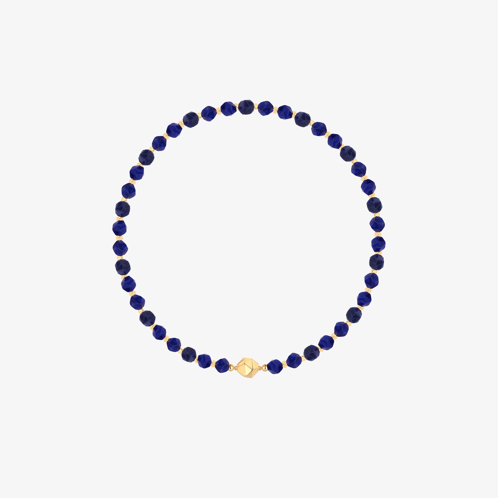 TIKOO original design faceted blue sodalite beaded necklace with 18K gold plated geometric accents on a white background.