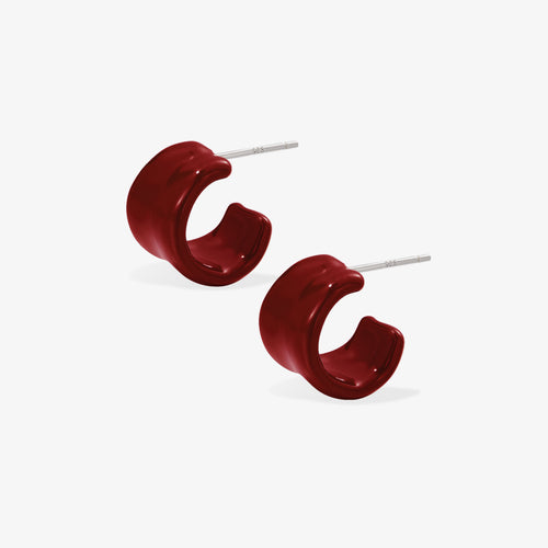 TIKOO original dark red enamel C-hoop earrings with 925 silver posts on a clean white background.