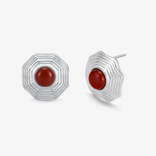 TIKOO original red stone octagon earrings with heavy platinum plating on a white background.
