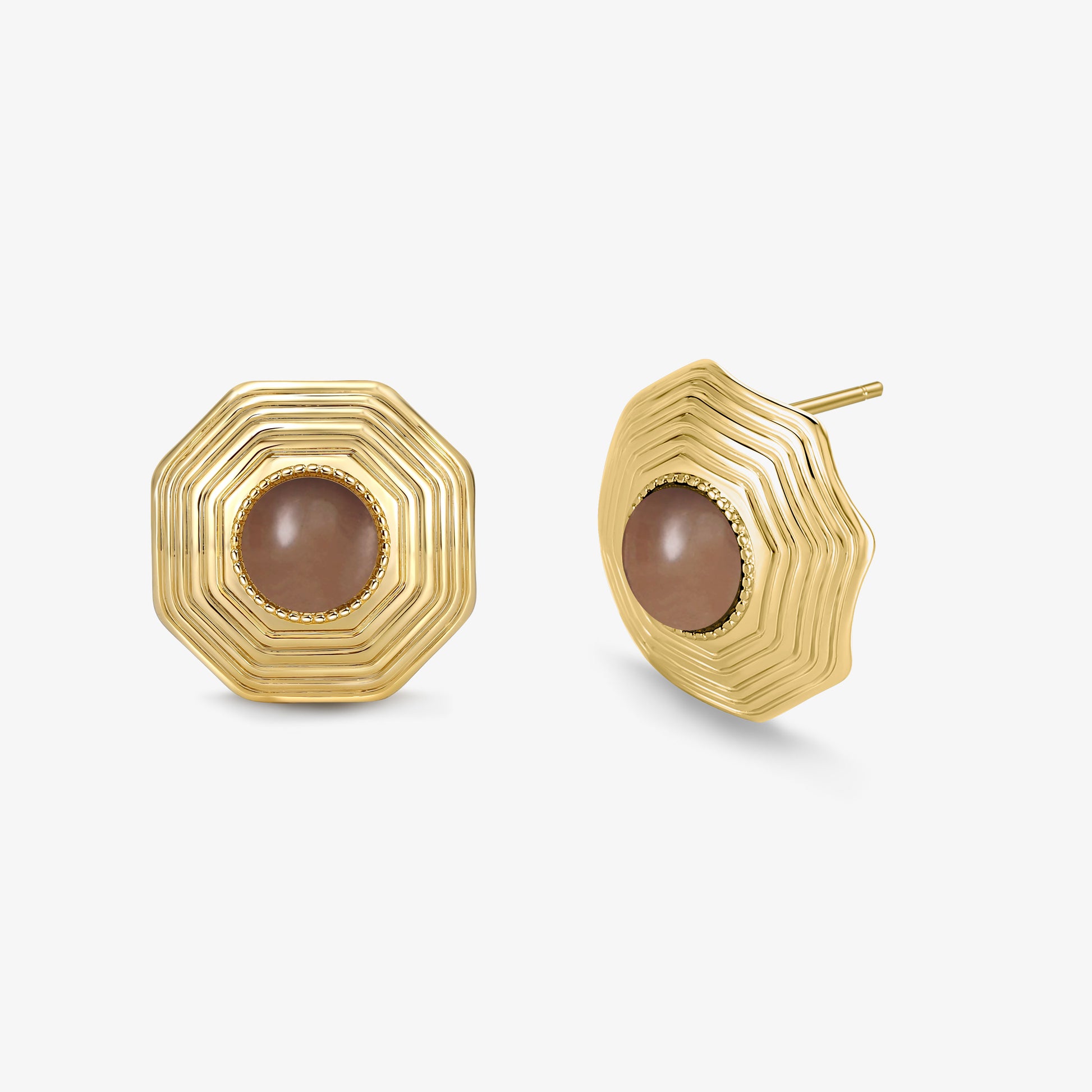 TIKOO original design octagon earrings featuring a smoky quartz stone and 18K gold plated eco-brass ridges.