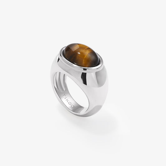TIKOO original design oval tiger's eye ring in 925 sterling silver with thick white gold plating.