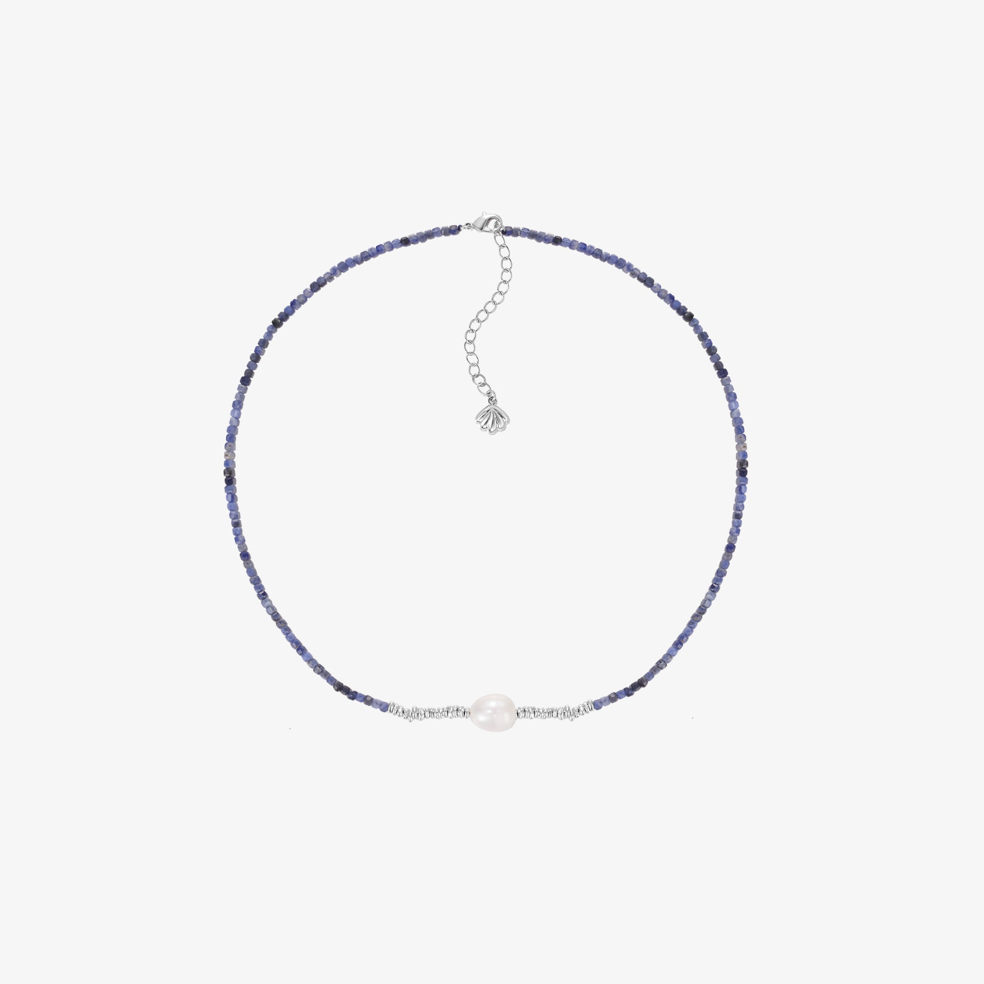 TIKOO original design necklace featuring blue sodalite beads and a central natural white pearl, 925 silver thick white gold plated.