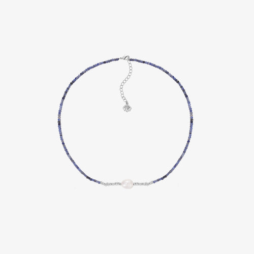 TIKOO original design necklace featuring blue sodalite beads and a central natural white pearl, 925 silver thick white gold plated.