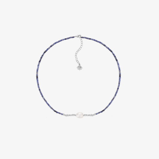 TIKOO original design necklace featuring blue sodalite beads and a central natural white pearl, 925 silver thick white gold plated.