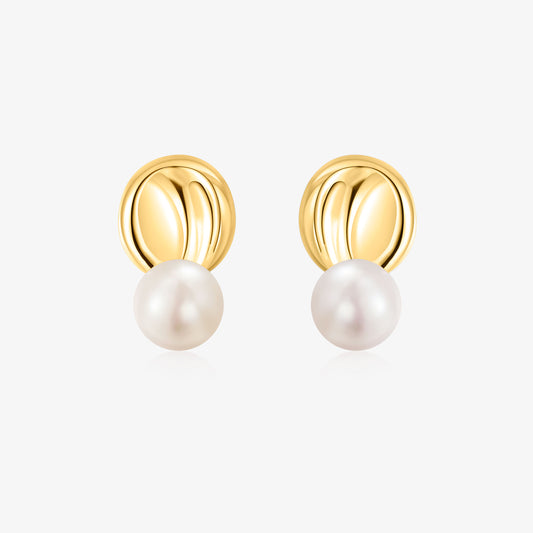 TIKOO original natural pearl stud earrings with modern liquid 18K gold plated texture, white background product view.