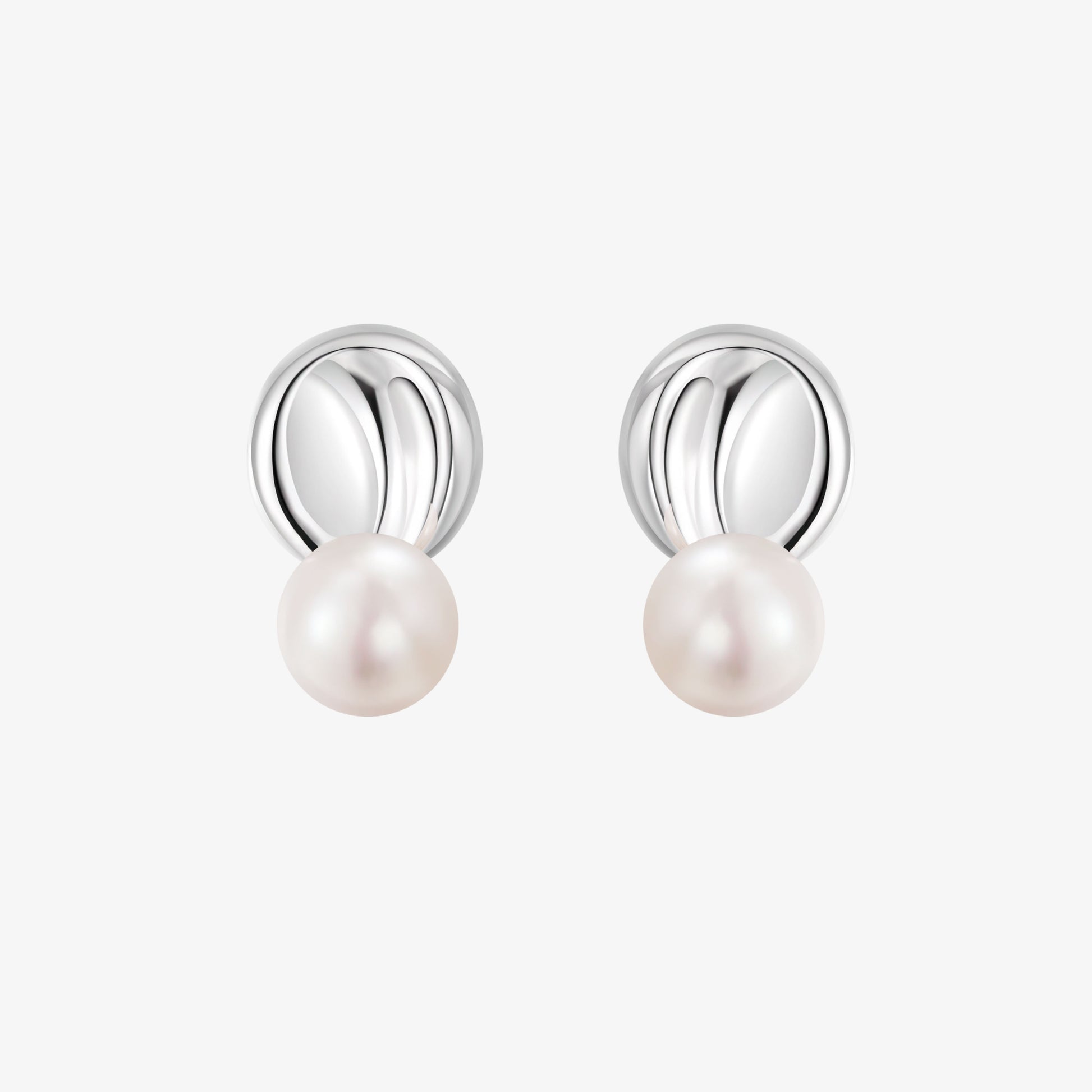 TIKOO original design natural pearl stud earrings with modern liquid metal top in white gold plating.