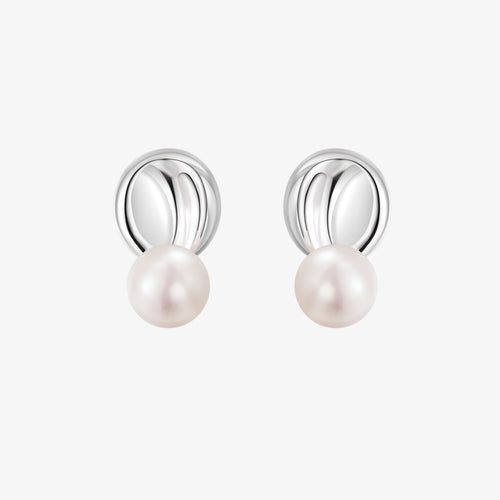 TIKOO original design natural pearl stud earrings with modern liquid metal top in white gold plating.