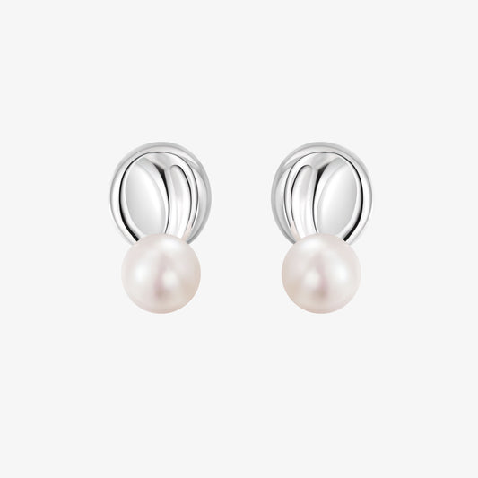 TIKOO original design natural pearl stud earrings with modern liquid metal top in white gold plating.