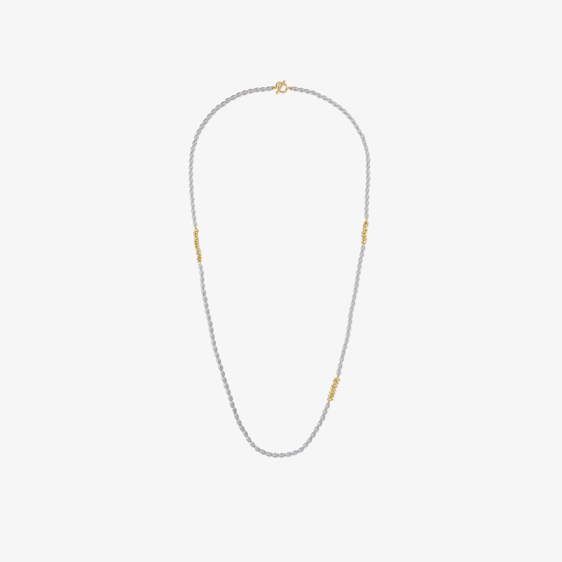 TIKOO original grey Swarovski pearl long multi-way necklace with 18K gold plated toggle clasp, white background product view.
